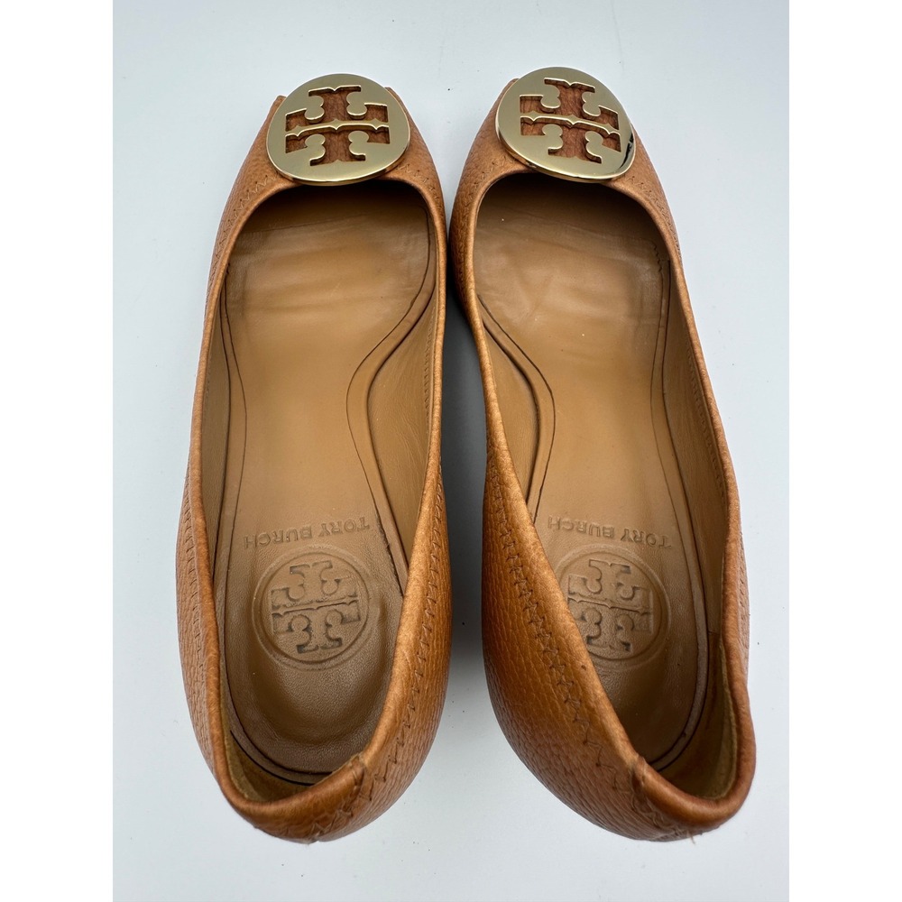 Tory Burch Sally Gold Peep Toe Wedge Heels Shoes Royal Tan‎ Leather 6.5 Designer - Picture 7 of 12
